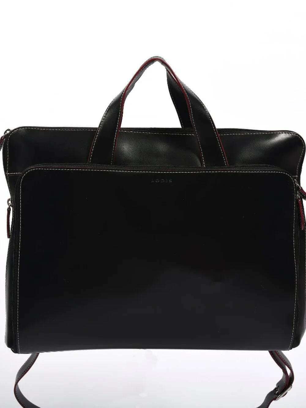LODIS Audrey Black Leather Laptop Briefcase Tote Red Trim Organizer 16”